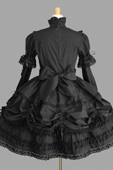 Black Cotton Stand Collar Long Sleeves Knee Length Bowknot Ruffled Multi-Layer Gothic Lolita Dress - Product - 2