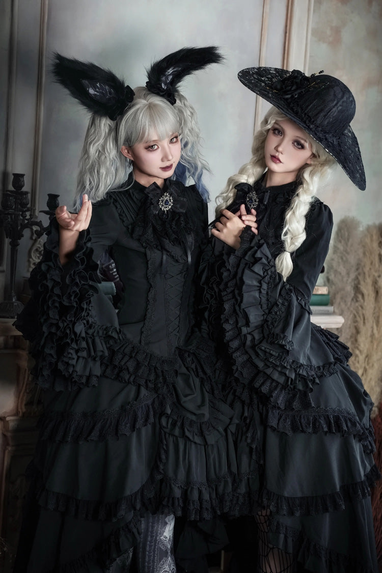 Black [Immortal Phoenix] Long Hime Sleeves Multi-Layered Ruffled Bow Lace-Up Gothic Lolita Skirt Dress Set - Product - 4