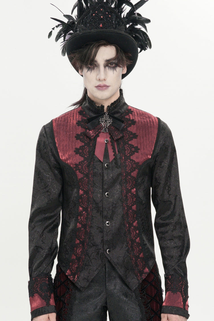 Red Stand Collar Long Sleeves Jacquard Embroidered Bow Lace Men's Gothic Palace Shirt - Product - 7