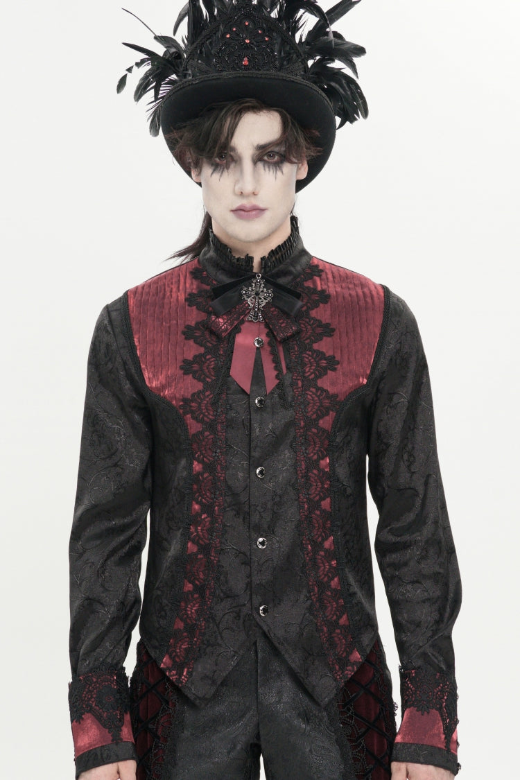 Red Stand Collar Long Sleeves Jacquard Embroidered Bow Lace Men's Gothic Palace Shirt - Product - 7