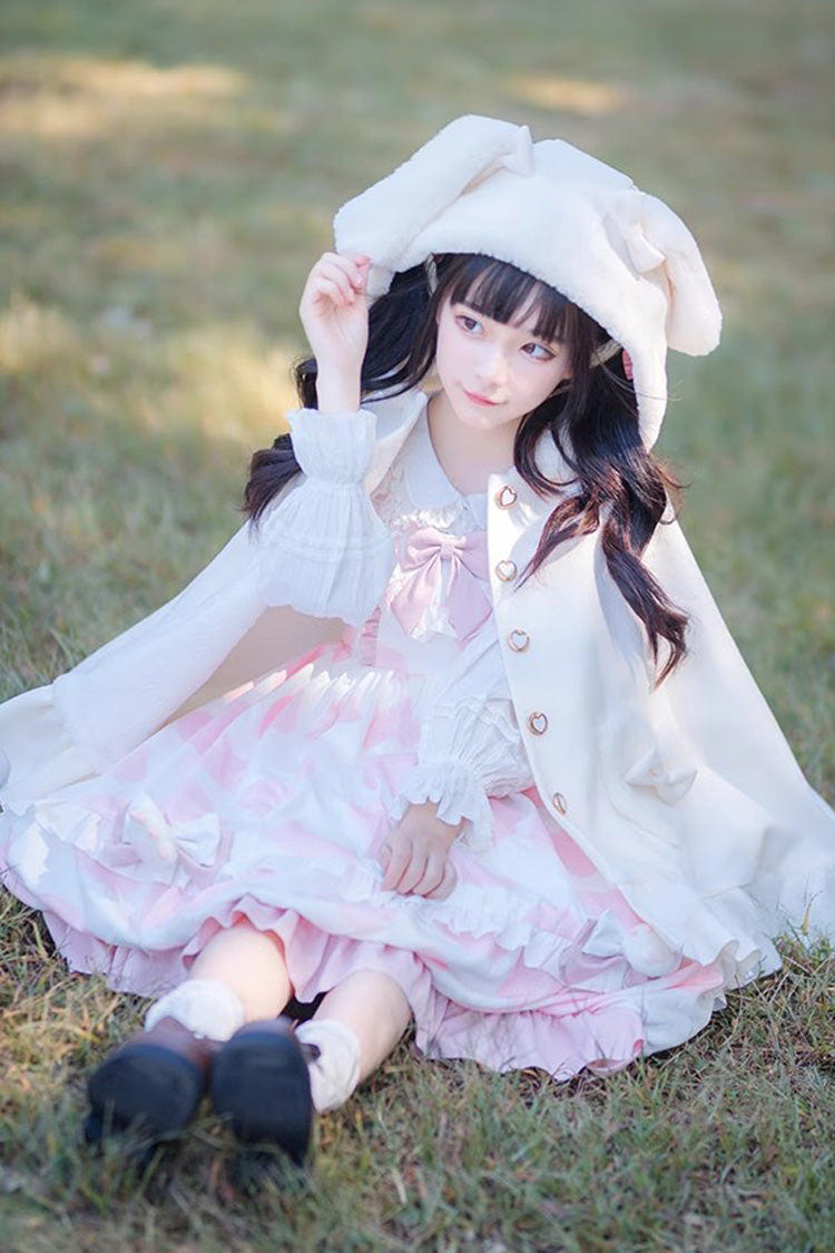 White Plush Bunny Ears Bowknot Buttons Princess Sweet Lolita Cloak Coat - Product - 2