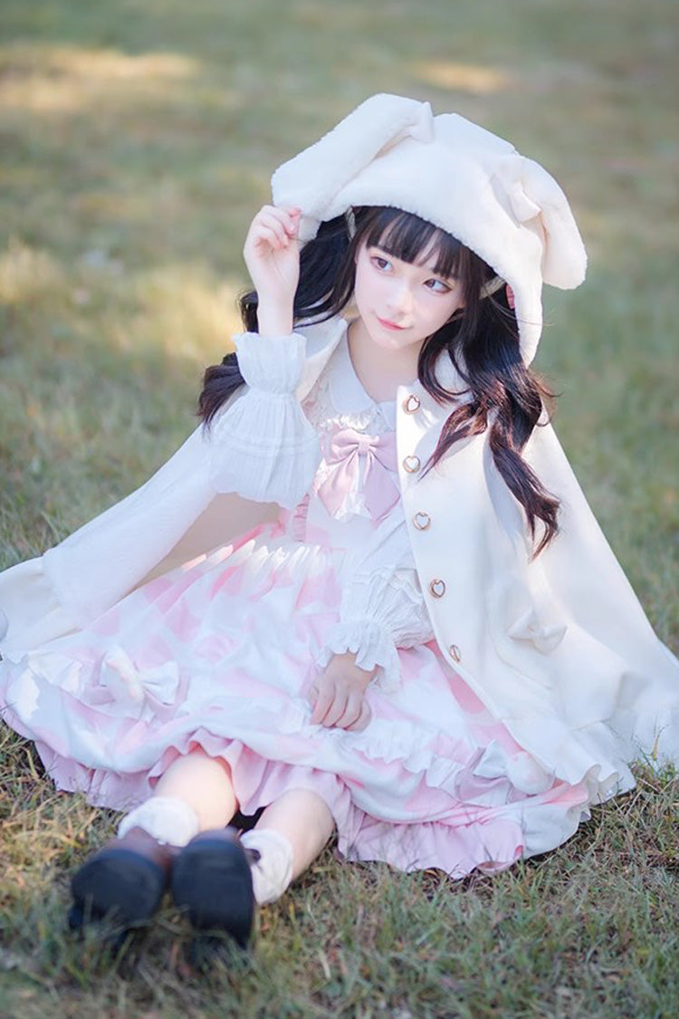 White Plush Bunny Ears Bowknot Buttons Princess Sweet Lolita Cloak Coat - Product - 2