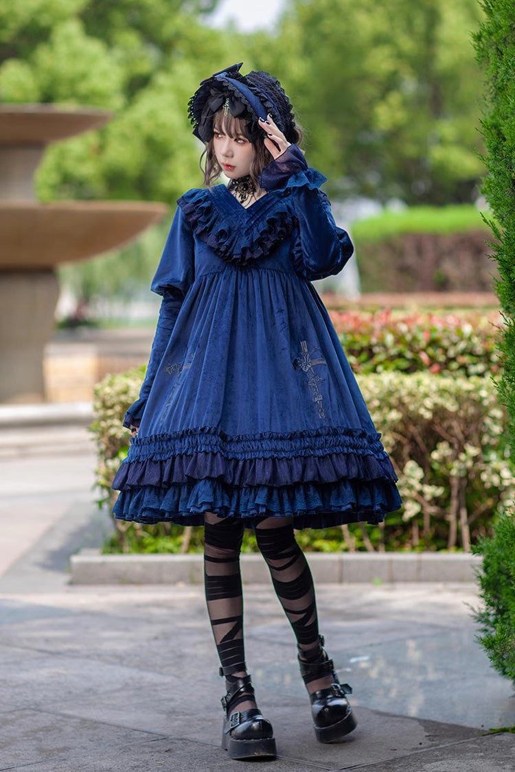 Holy Fruit Manor Embroidery Print Long Puff Sleeves Ruffle Gothic Lolita Dress 2 Colors - Product - 10