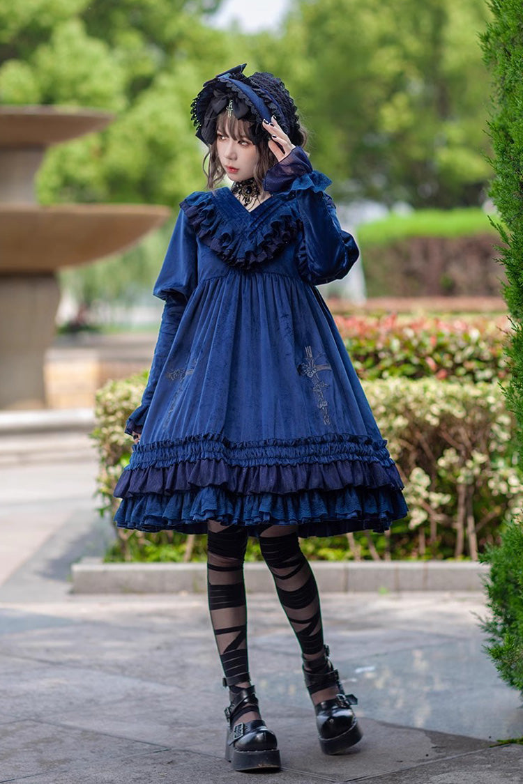 Holy Fruit Manor Embroidery Print Long Puff Sleeves Ruffle Gothic Lolita Dress 2 Colors - Product - 10