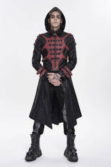 Black Stand Collar Long Sleeves Printed Spliced Studded Buckled Zippered Eyelet Men's Punk Cool Hooded Jacket - Product - 5