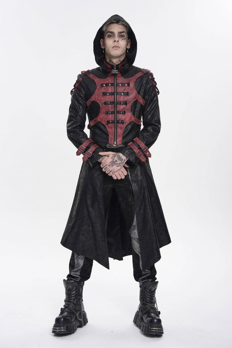 Black Stand Collar Long Sleeves Printed Spliced Studded Buckled Zippered Eyelet Men's Punk Cool Hooded Jacket - Product - 5