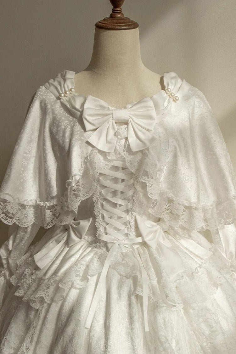 White [Cherish] Long Trumpet Sleeves Ruffle Hanayome Bowknot Lace-Up Sweet Lolita Dress - Product - 10
