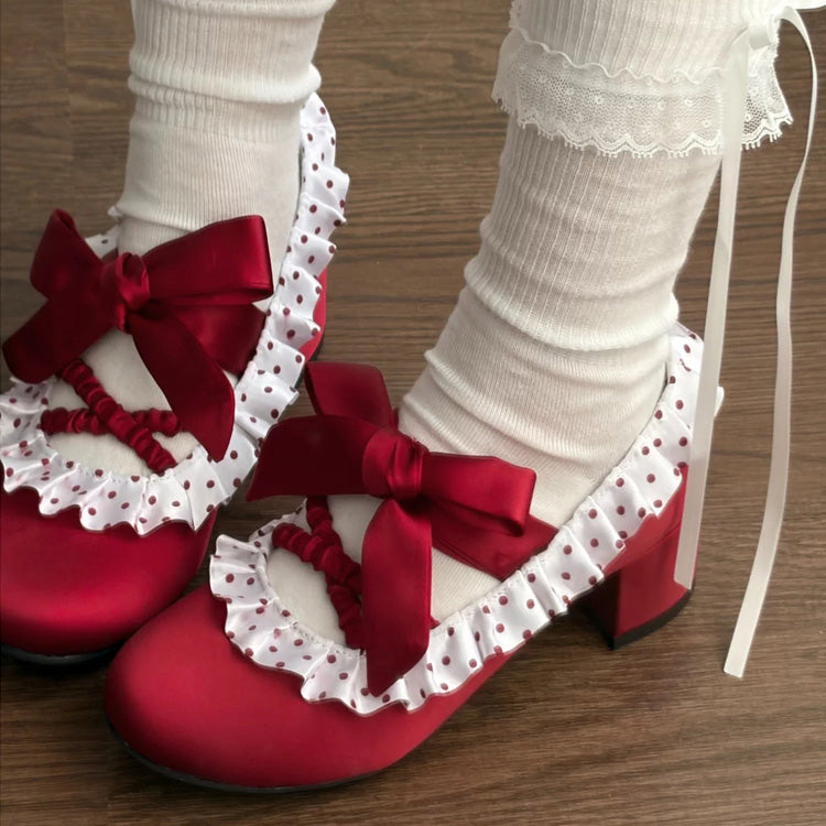 Satin Ruffled Lace-Up Sweet Classic Elegant Lolita Heels 2 Colors - Product - 4