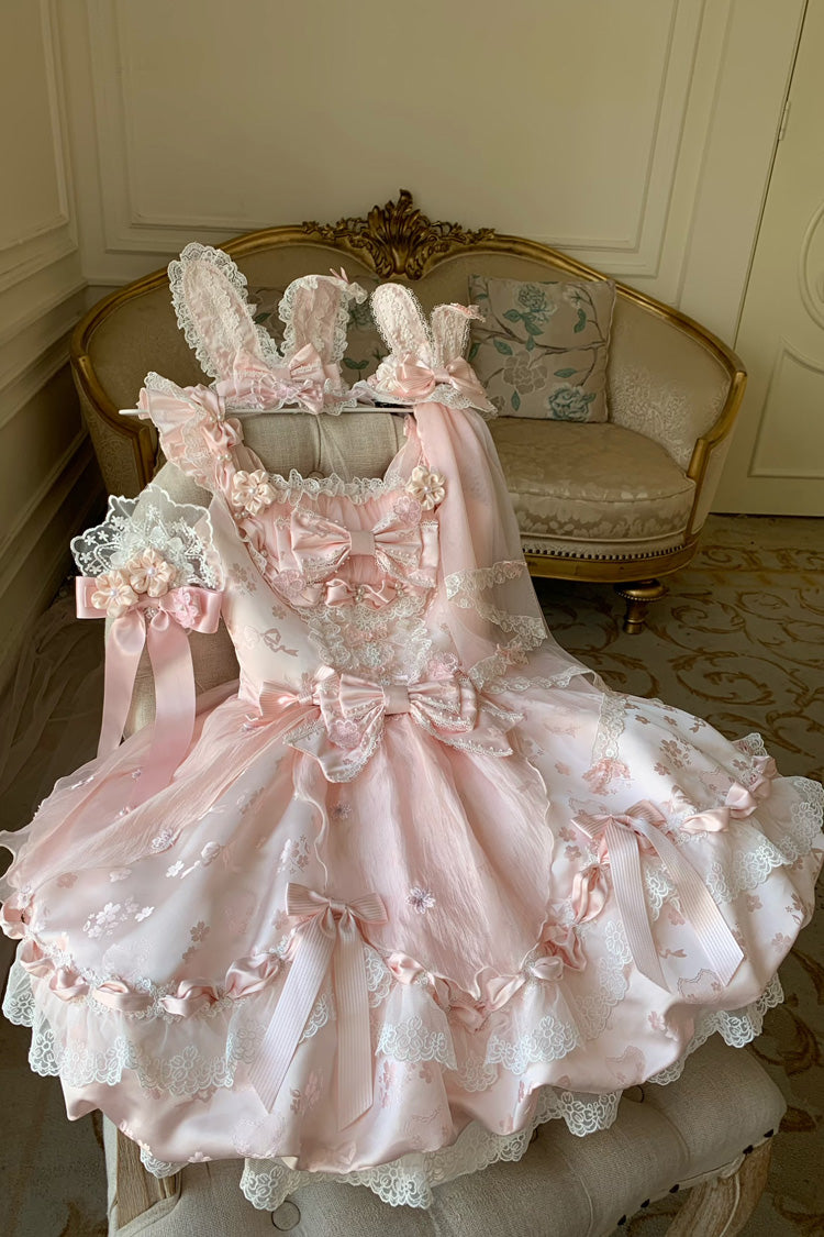 Pink [Sakura Bunny Ballad] Square Collar Flutter Sleeves Jacquard Ruffled Bow Lace Sweet Elegant Luxurious Short Lolita Jsk Dress - Product - 6