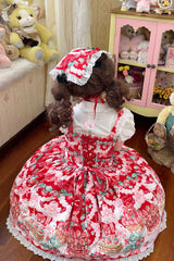 Red [Strawberry Cocoa Jam] Sleeveless Print Ruffle Bowknot Lace Sweet Lolita Jsk Dress - Product - 4