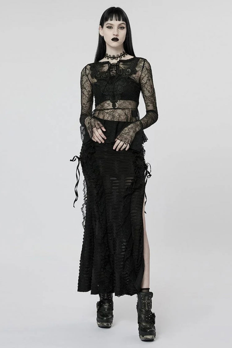 Black Long Trumpet Sleeves Lace Sheer Women's Gothic T-Shirt - Product - 4