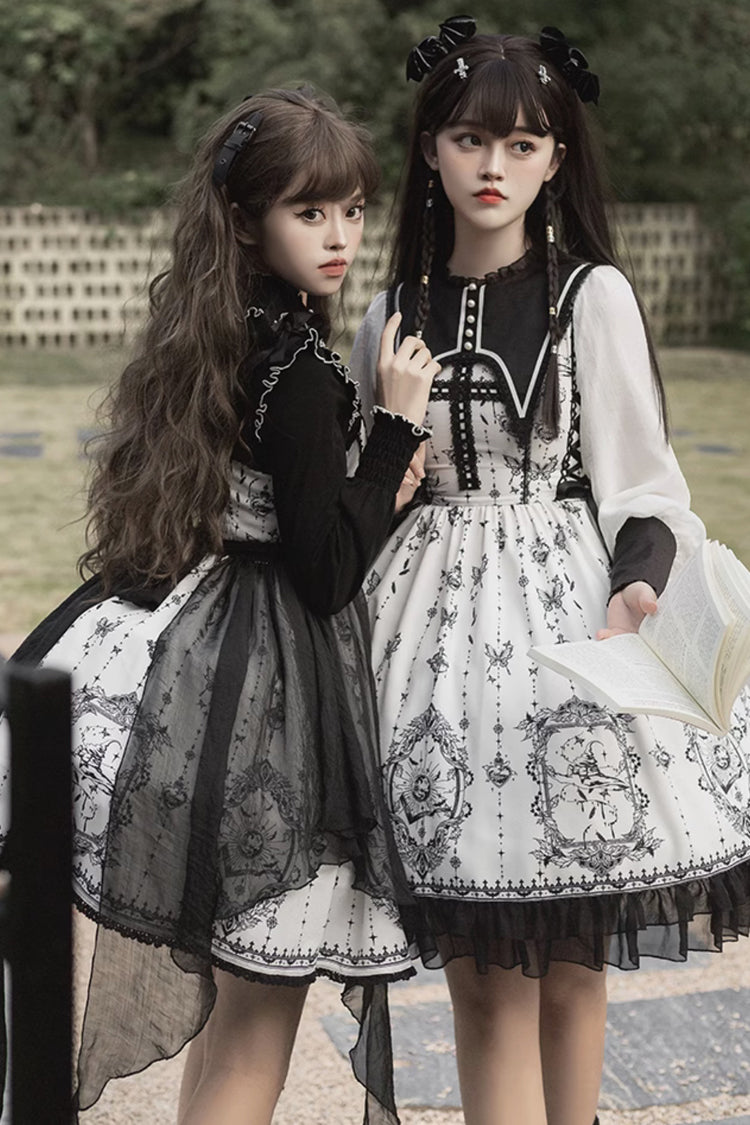Black/White Long Sleeves Lace Ruffle Butterfly Magic Print Gothic Lolita OP Dress - Product - 4