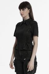 Black Lapel Collar Long Sleeves Lace-Up Women's Punk Military Blouse - Product - 2