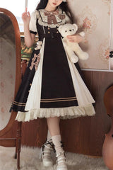 Black/White Chocolate Workshop Long Version Elegant Short Puff Sleeves Sweet Lolita Dress - Black/White - 1