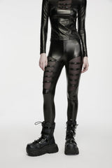 Black Patchwork Slim Fit Buckled Eyelet Women's Punk Cool Leggings - Product - 6