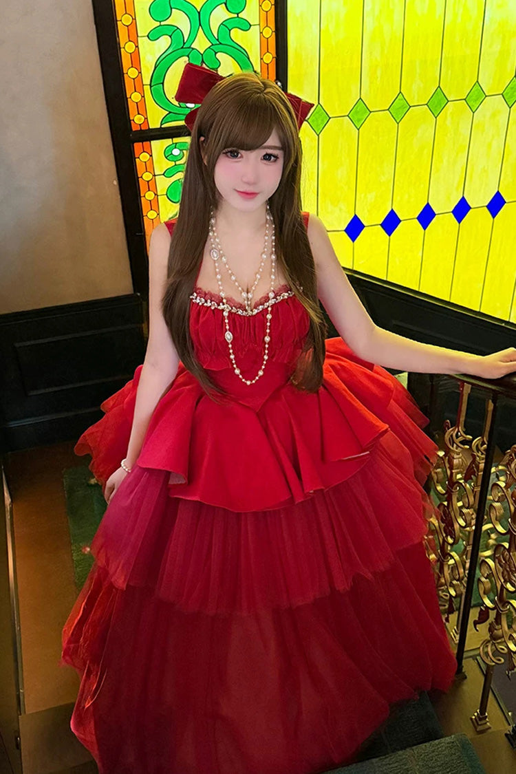 Red [Romantic Rose] Square Collar Sleeveless Ruffled Classic Ballet Lolita Dress - Product - 12