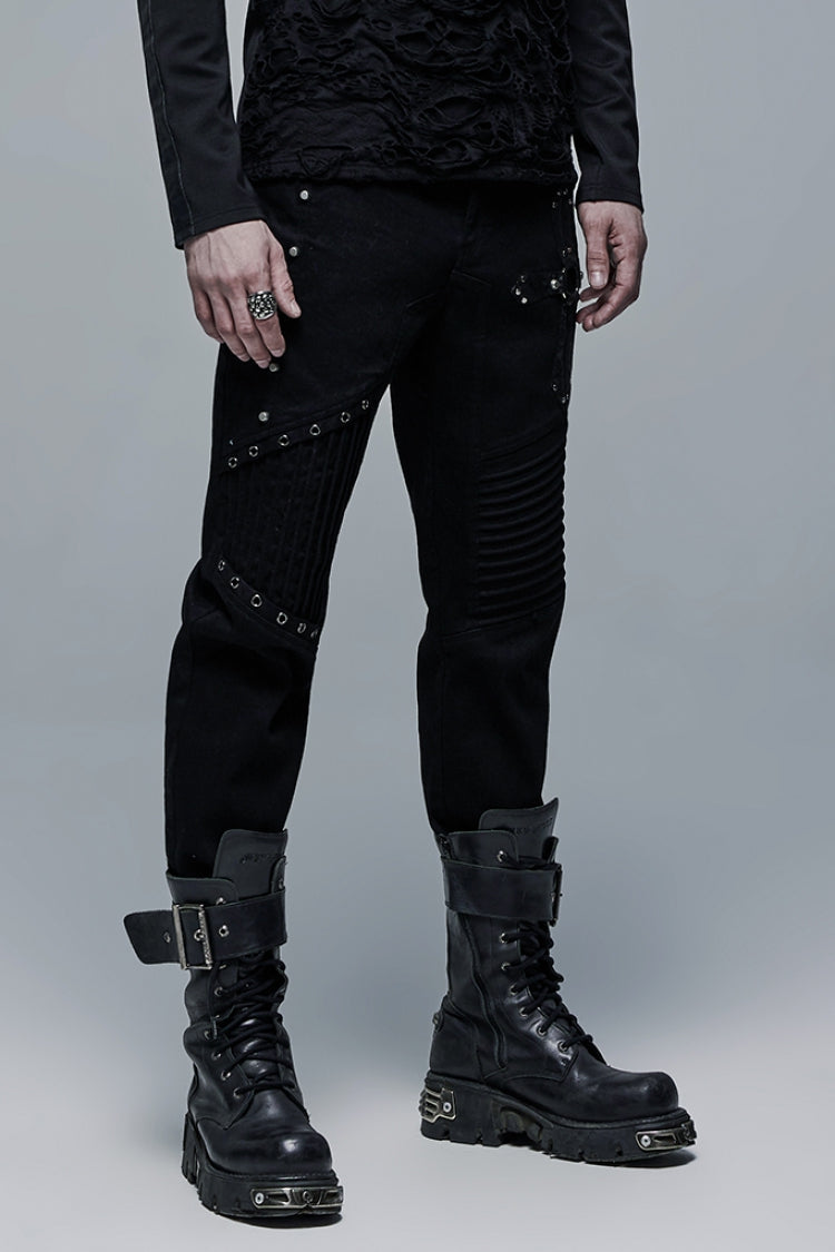 Black Cross Decoration Ripped Men's Steampunk Pants - Product - 2