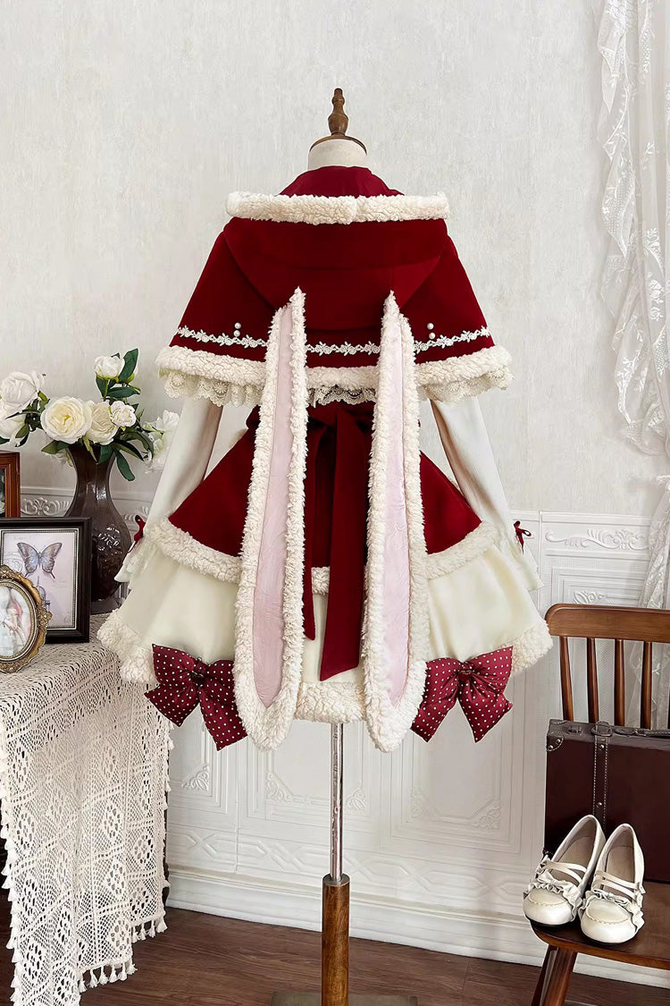 Red [New Year] Long Sleeves Embroidered Bow Lace Sweet Lolita Skirt and Rabbit Ears Cloak Set - Product - 4