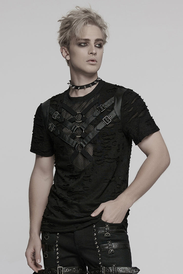 Black Short Sleeves Stitching Mesh Ripped Strap Men's Punk T-Shirt - Product - 2