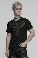 Black Short Sleeves Stitching Mesh Ripped Strap Men's Punk T-Shirt - Product - 2