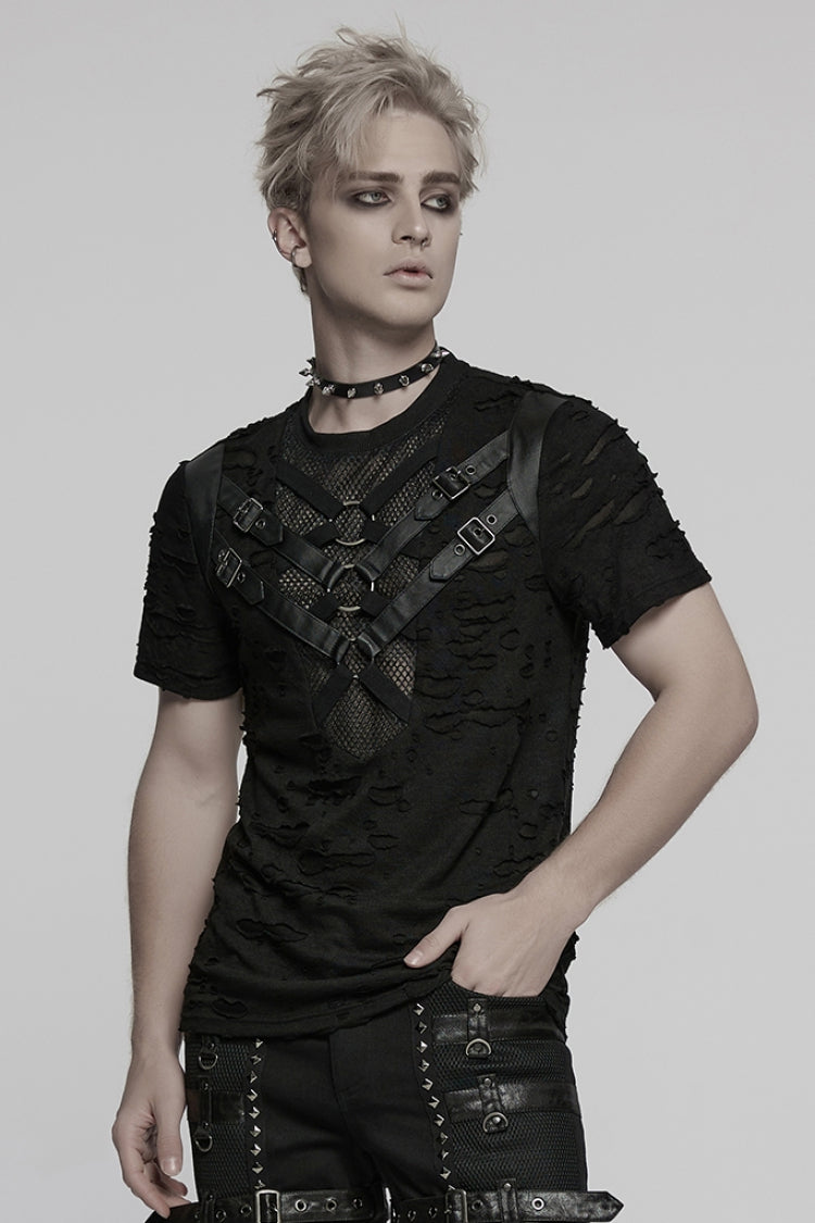 Black Short Sleeves Stitching Mesh Ripped Strap Men's Punk T-Shirt - Product - 2