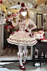 Pink [Sweetheart Strawberry Bunny] Square Collar Short Sleeves Triple-Layered Printed Ruffled Bow Sweet Lolita Dress - Product - 12