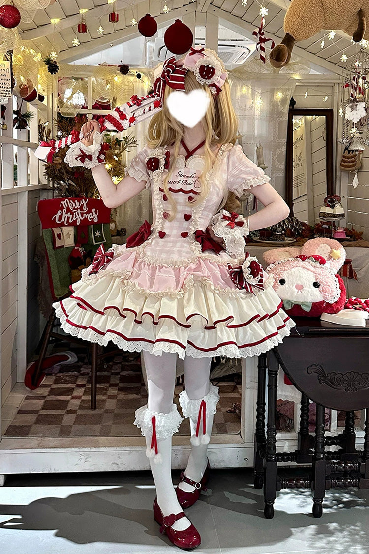 Pink [Sweetheart Strawberry Bunny] Square Collar Short Sleeves Triple-Layered Printed Ruffled Bow Sweet Lolita Dress - Product - 12