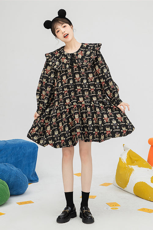 Black Doll Collar Bear Print Puff Sleeves Ruffled Sweet Lolita OP Dress - Product - 2
