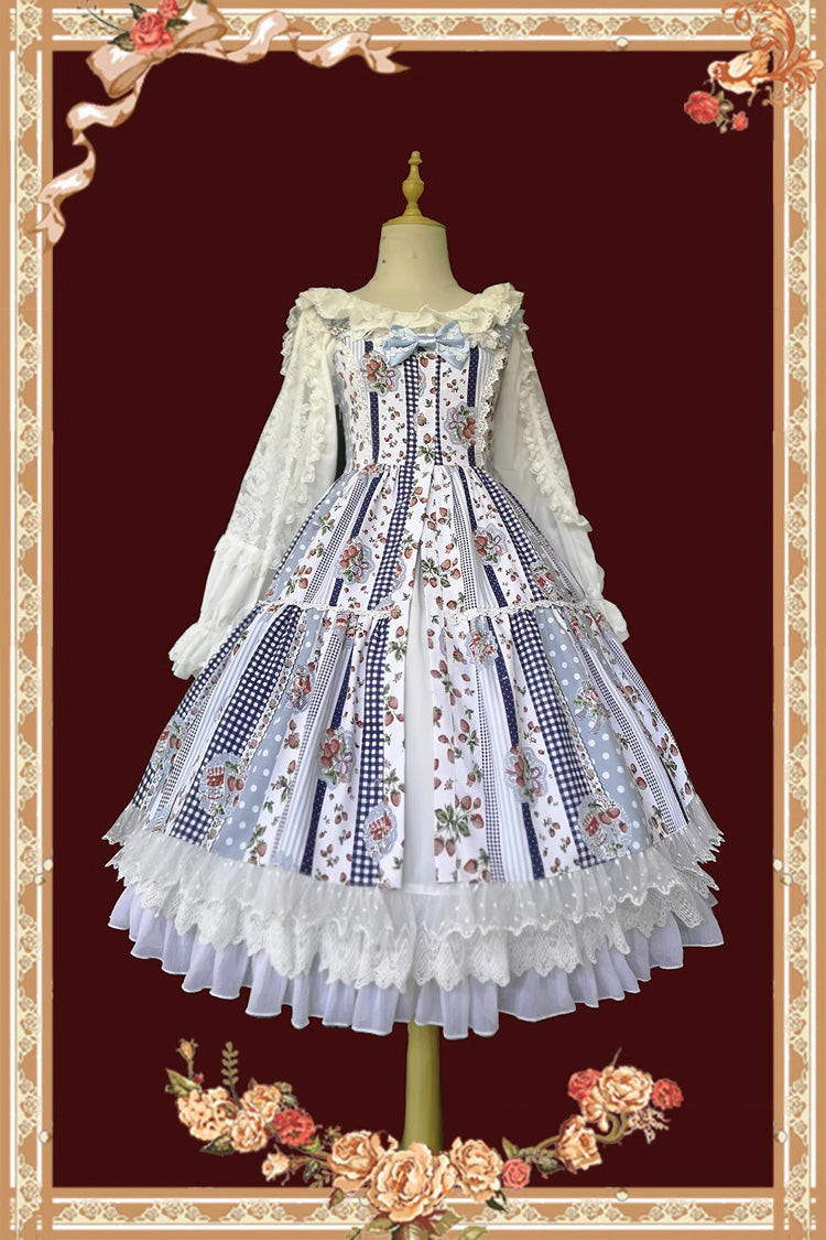 Light Blue Strawberry Plaid Print Bowknot Sleeveless Ruffle Sweet Lolita Dress - Product - 2