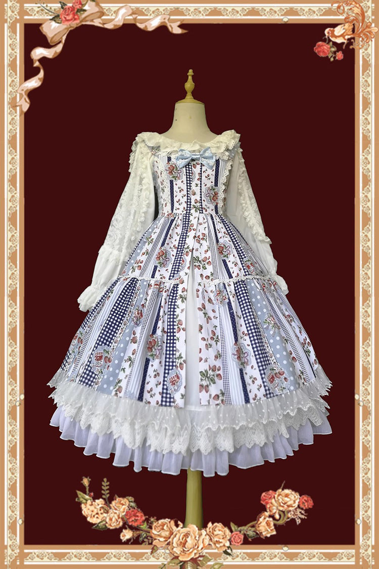 Light Blue Strawberry Plaid Print Bowknot Sleeveless Ruffle Sweet Lolita Dress - Product - 2