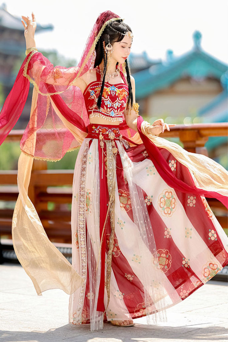 Red Elegant Print Embroidery High Waisted Sleeveless Hanfu Dress Full Set - Product - 2