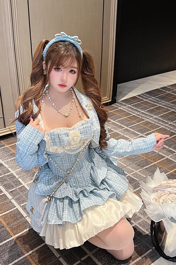 Camellia Blue Miss Plaid Print Ruffle Bowknot Sweet Lolita Dress - Product - 3