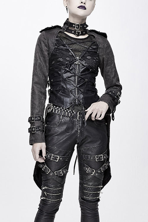 Black Spiked Zipper Up Punk Mesh Womens Coat With Loops - Black - 1