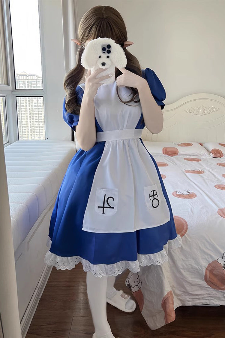 Blue/White [Alice Madness Returns] Short Sleeves Ruffle Sweet Plus Size Lolita Dress Full Set - Product - 5