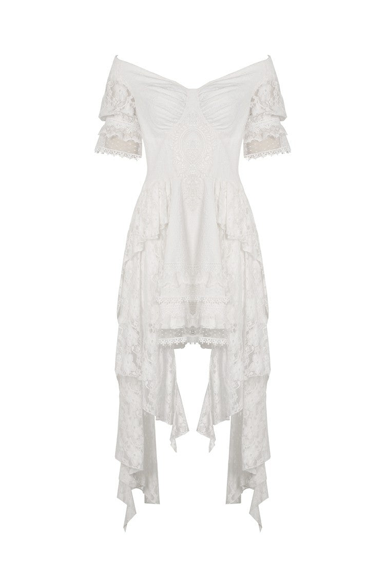 White Off Shoulder Lace Short Sleeves Lace-Up Women's Steampunk Luxurious Wedding Graduation Dress - Product - 3