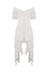 White Off Shoulder Lace Short Sleeves Lace-Up Women's Steampunk Luxurious Wedding Graduation Dress - Product - 3