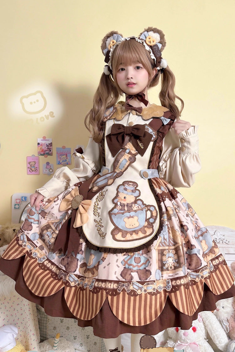 [Bear Cookie] Long Sleeves Print Bowknot Sweet Lolita Dress Set 2 Colors - Product - 5