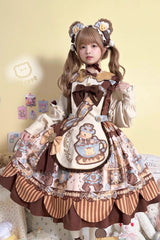 [Bear Cookie] Long Sleeves Print Bowknot Sweet Lolita Dress Set 2 Colors - Product - 5