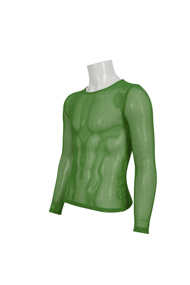 Green Elasticity High Neck Long Sleeve Mesh Men's Gothic T-Shirt - Product - 6