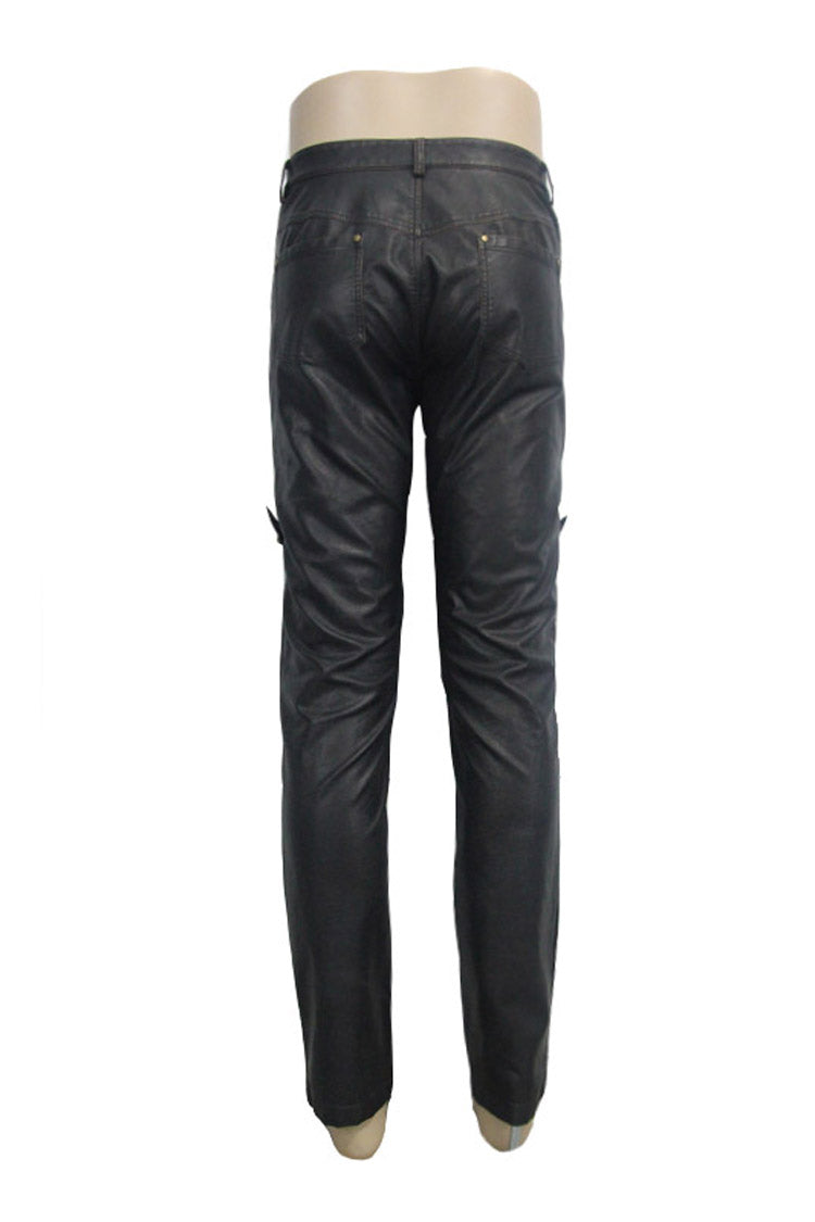 Bronze Multi Loops Zipper Metal Inlay Bandage Hand Rubbed Leather Men's Punk Pants - Product - 6