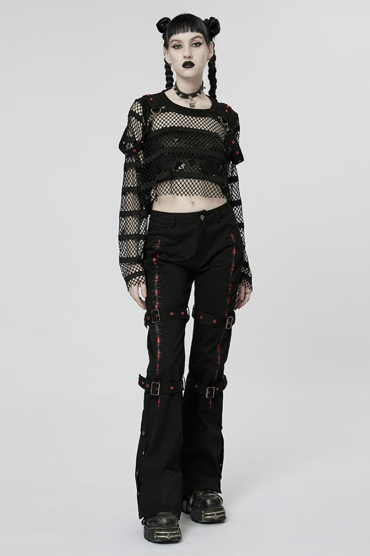 Black/Red Embroidery Buckles Women's Steampunk Flared Pants - Product - 4
