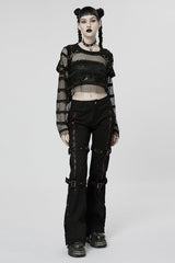 Black/Red Embroidery Buckles Women's Steampunk Flared Pants - Product - 4