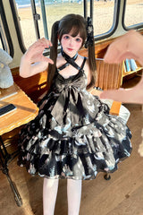 [Ocean Sweetheart] Halterneck Sleeveless Triple-Layered Printed Ruffled Bow Lace Sweet Lolita Strap Dress 5 Colors - Black - 1