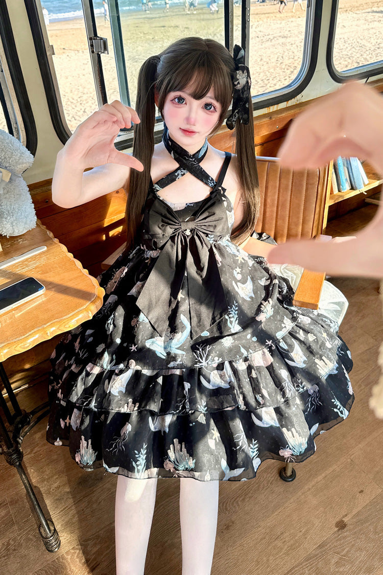 [Ocean Sweetheart] Halterneck Sleeveless Triple-Layered Printed Ruffled Bow Lace Sweet Lolita Strap Dress 5 Colors - Black - 1