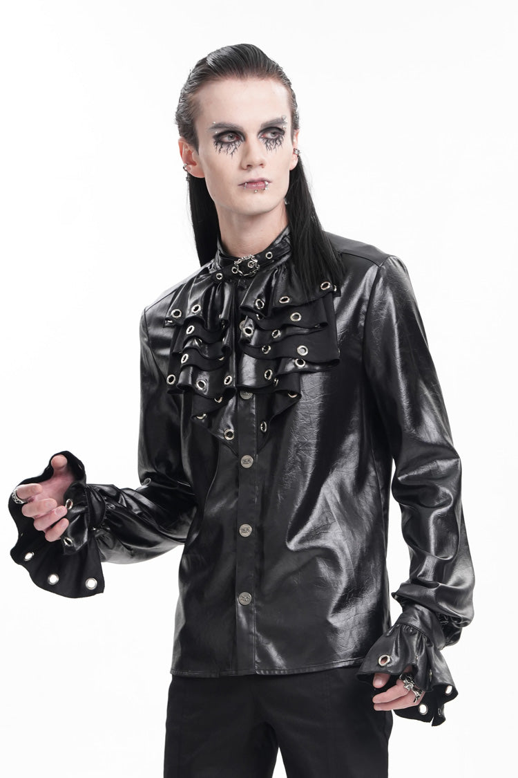 Black Long Sleeves Eyelets Buckle Men's Gothic Blouse - Product - 5