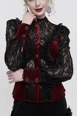 Red Velvet High Neck Lace Fake Bra Design Splicing Three-Dimensional Butterfly Mesh Women's Gothic Shirt - Red - 1