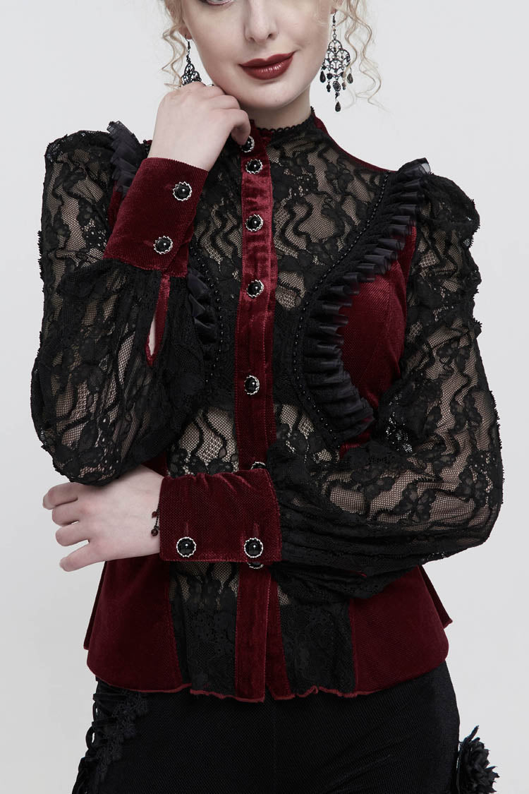 Red Velvet High Neck Lace Fake Bra Design Splicing Three-Dimensional Butterfly Mesh Women's Gothic Shirt - Red - 1