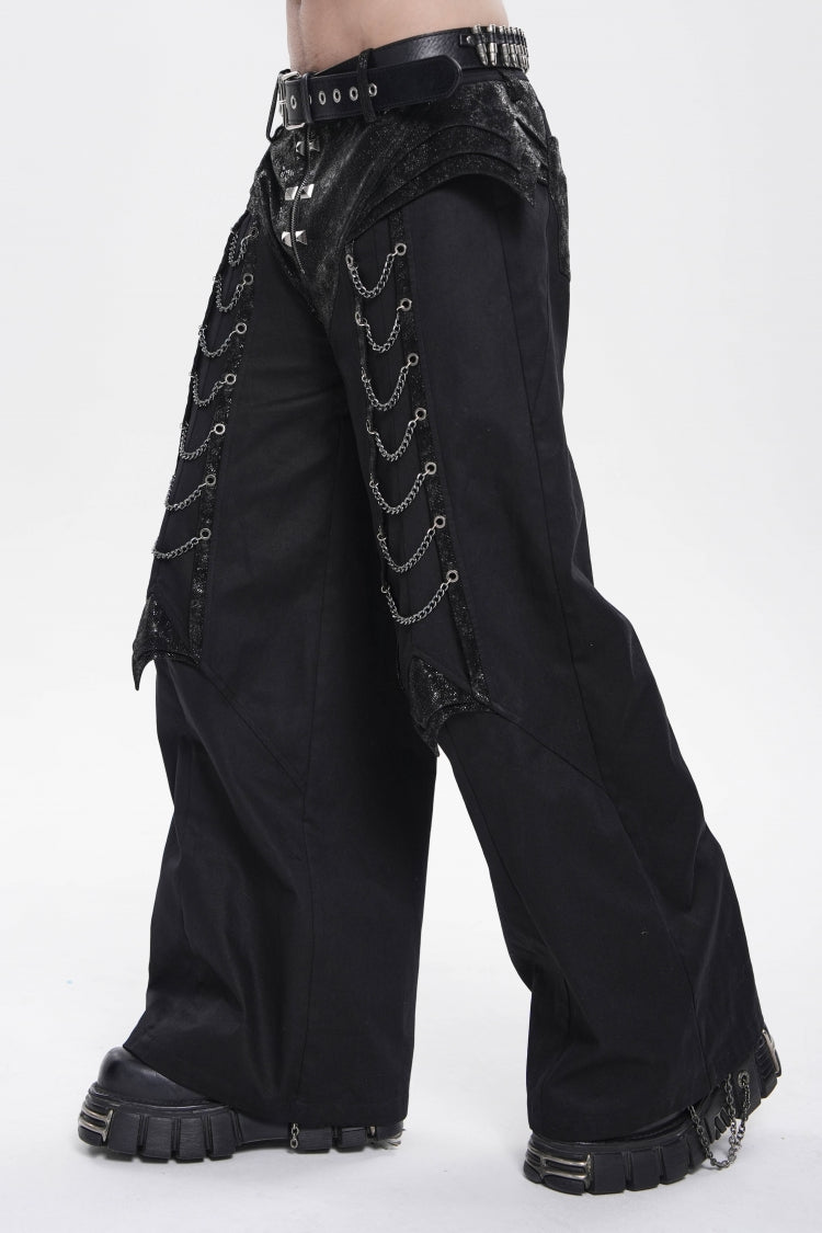 Black Spliced Studded Zippered Chain-Decorated Men's Punk Cool Pants - Product - 12