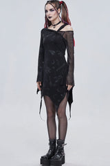 Black Gothic Off-The-Shoulder Graphic-Print Asymmetric Design Splicing Mesh Women's Dress - Product - 8