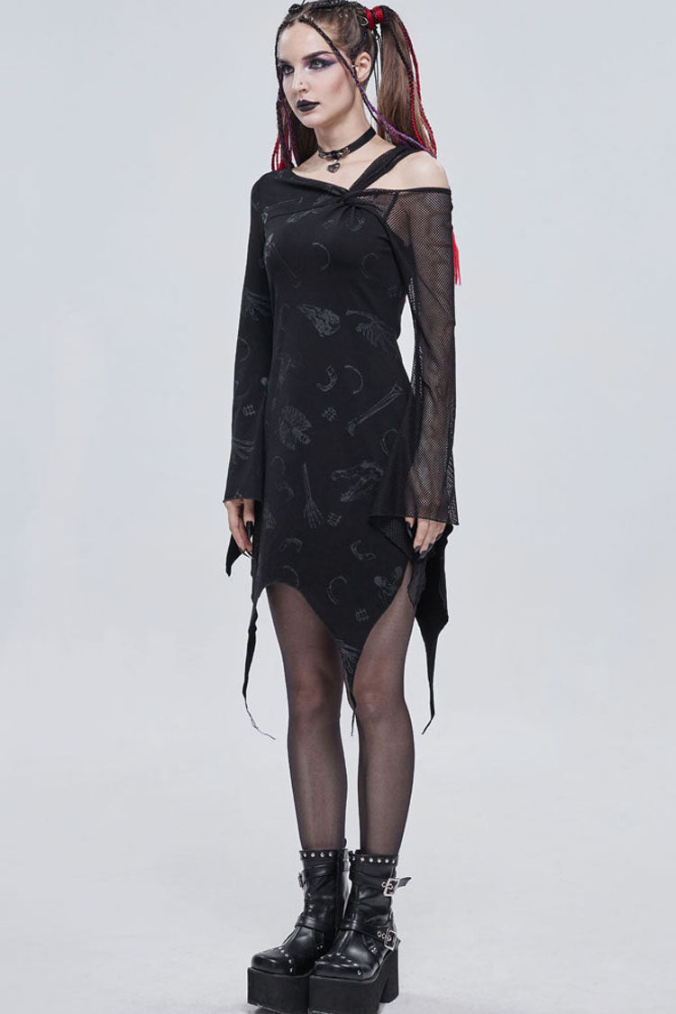 Black Gothic Off-The-Shoulder Graphic-Print Asymmetric Design Splicing Mesh Women's Dress - Product - 8